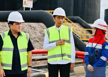 Presiden Joko Widodo (tengah) berbincang dengan Direktur Utama PT Pertamina (Persero) Nicke Widyawati (kanan) dan Menteri BUMN Erick Thohir saat meninjau kawasan PT Pertamina Hulu Rokan Dumai, Kota Dumai, Riau, Kamis (5/1/2023). ANTARA/HO-Biro Pers Setpres/am.