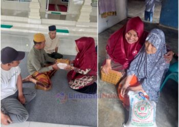 Bonia, Koordinator Tim Rumah Aspirasi Sahabat Novri Aritonang menyerahkan Al Quran kepada Suwito, Ketua BKM Mesjid Al Musyawarah Pematang Siantar (kiri), Menyerahkan bantuan kepada Tuminem (82), (kanan), Rabu (05/04/2023). (Foto: Tim Red. LimaSisiNews.com/MN).