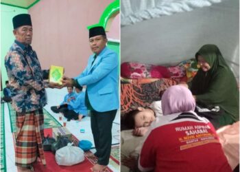 BKPRMI menyerahkan Al Qur'an pemberian Novri Aritonang melalui Tim RAS Novri Aritonang secara simbolik kepada Mesjid Al Ikhlas melalui BKM (kiri) & Ikhsan didampingi neneknya, sedang berbincang dengan Bonia, Koordinator Tim RAS (kanan), (Foto: Tim Red LimaSisiNews.com)