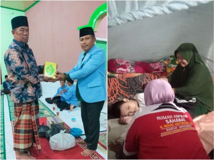 BKPRMI menyerahkan Al Qur'an pemberian Novri Aritonang melalui Tim RAS Novri Aritonang secara simbolik kepada Mesjid Al Ikhlas melalui BKM (kiri) & Ikhsan didampingi neneknya, sedang berbincang dengan Bonia, Koordinator Tim RAS (kanan), (Foto: Tim Red LimaSisiNews.com)