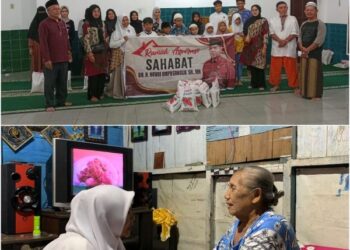 Usai acara berbagi berkah di Mesjid Taqwa, para anak yatim berfoto bersama (Atas).
Nenek Merry Hanifah (80), saat menerima bantuan dari Bonia, Koordinator Tim RAS Novri Aritonang (Bawah). (Foto: Tim Red. LimaSisiNews.com).