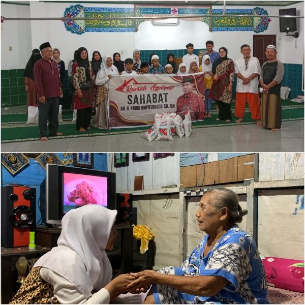 Usai acara berbagi berkah di Mesjid Taqwa, para anak yatim berfoto bersama (Atas).
Nenek Merry Hanifah (80), saat menerima bantuan dari Bonia, Koordinator Tim RAS Novri Aritonang (Bawah). (Foto: Tim Red. LimaSisiNews.com).