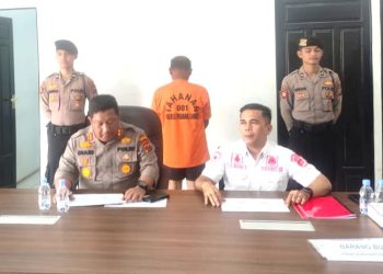 Kapolres Padang Lawas AKBP Diari Astetika SIK didampingi KBO Reskrim Iptu A Bani, SH saat gelar konferensi pers di Mapolres (foto: LimaSisiNews/Dok. Robert Nainggolan)