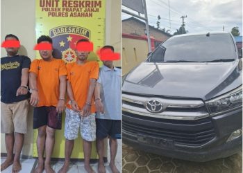 4 pelaku berikut barang bukti mobil Toyota inova Reborn yang berhasil diamankan polisi. (maston)