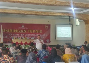 Divisi Teknis Penyelenggara KPU Palas, Habinsaran Daulay, saat menyampaikan bimtek terhadap PPK di Aula Grandika Hotel, Sibuhuan Kecamatan Barumun. (Foto/Robert Nainggolan)