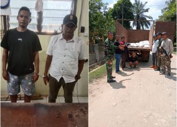 Kedua pelaku pencurian pupuk saat diamankan di Kebun Tinjowan. (maston)