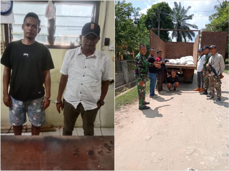 Kedua pelaku pencurian pupuk saat diamankan di Kebun Tinjowan. (maston)