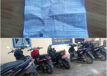 Salah satu surat tilang tampak tidak ada dicantumkan nomor rekening briva, sehingga pelanggar bingung dan terpaksa melakukan pembayaran langsung ke petugas Satlantas Polres Padang Lawas (Atas), Operasi kasat mata Satlantas Polres Padang Lawas di Polsek Barumun  didominasi pelanggar kendaraan roda dua. (Bawah) Jumat (14/06/2024)