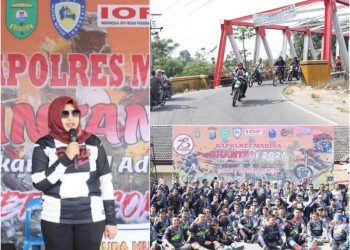 Wabup Madina Atika Azmi Utammi saat menyampaikan kata sambutan (kiri), Foto bersama peserta Bhantam Bhayangkara trail adventure yang diikuti Wabup Madina, Kapolres Madina serta para PJU Polres Madina. Minggu (21/07/2024). LimaSisiNews/Diskominfo.