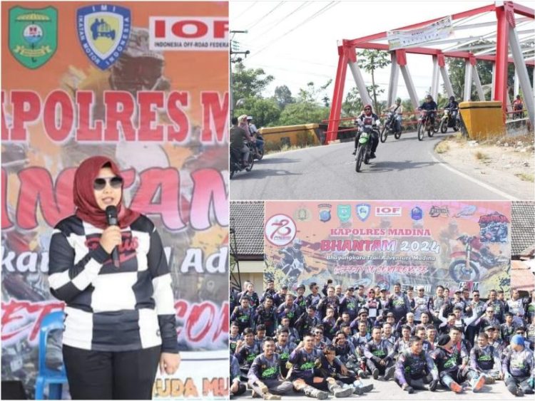 Wabup Madina Atika Azmi Utammi saat menyampaikan kata sambutan (kiri), Foto bersama peserta Bhantam Bhayangkara trail adventure yang diikuti Wabup Madina, Kapolres Madina serta para PJU Polres Madina. Minggu (21/07/2024). LimaSisiNews/Diskominfo.