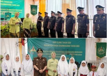 Ketua IAD Daerah Paluta Ny Ristianti Hartam SH MH saat memimpin upacara peringatan HUT IAD XXIV (atas), Foto bersama Ketua IAD Daerah Paluta dan Kajari Paluta usai memberikan beasiswa pendidikan bagi pelajar berprestasi, Minggu (21/07/2024). Foto: LimaSisiNews/RZ