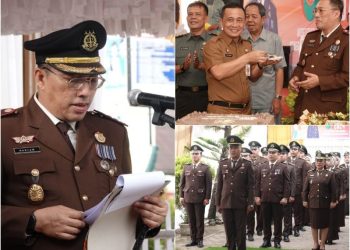 Kajari Paluta Dr Hartam Ediyanto SH MHum saat menyampaikan amanat Jaksa Agung RI (kiri), Pj Bupati Paluta Patuan Rahmat Syukur P Hasibuan SSTP MM saat memberikan suapan kue ulang tahun HBA ke-64 kepada Kajari Paluta (kanan atas), Tampak seluruh insan Adhyaksa Kejari Paluta mengikuti upacara HBA ke-64 di halaman kantor Kejari Paluta (kanan bawah), Senin (22/7/2024). Foto: LimaSisiNews/RZ