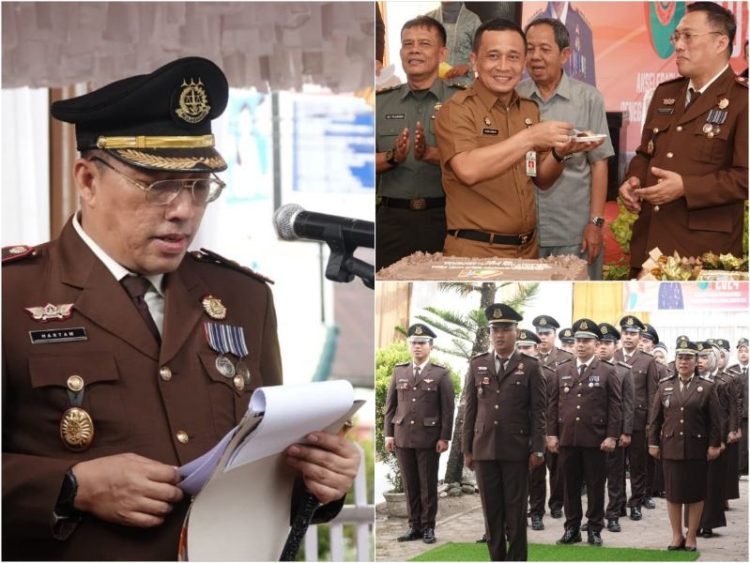 Kajari Paluta Dr Hartam Ediyanto SH MHum saat menyampaikan amanat Jaksa Agung RI (kiri), Pj Bupati Paluta Patuan Rahmat Syukur P Hasibuan SSTP MM saat memberikan suapan kue ulang tahun HBA ke-64 kepada Kajari Paluta (kanan atas), Tampak seluruh insan Adhyaksa Kejari Paluta mengikuti upacara HBA ke-64 di halaman kantor Kejari Paluta (kanan bawah), Senin (22/7/2024). Foto: LimaSisiNews/RZ