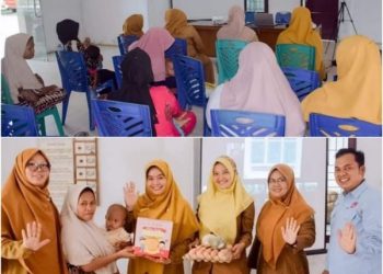 Situasi zoom meeting TPPS Palas yang diikuti perwakilan DP2KBP3A dan perwakilan Dinas Kesehatan serta 5 keluarga anak stunting di kantor DP2KBP3A Palas (atas), Usai zoom meeting, TPPS Palas memberikan PMT secara simbolis kepada 5 keluarga anak stunting (bawah), Senin (22/07/2024) Foto: LimaSisiNews/RZ