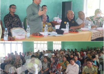 Pj. Bupati Paluta Patuan Rahmat Syukur P Hasibuan menyampaikan kata sambutan (Atas), Pertemuan teknis diikuti seluruh Koordinator, Supervisor, dan Penyuluh Pertanian (PPL) se Pemkab Paluta, Rabu (08/08/2024) - Foto: LimaSisiNews/Rz