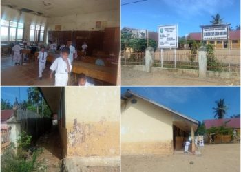 Situasi SDN 0509 Janji Lobi Lima tampak pagar sekolah yang seperti tidak pernah dilakukan perawatan, bangunannya seperti tidak ada perawatan, cat yang lusuh dan kotor serta plafon asbes sudah jebol. Foto: Gabriel