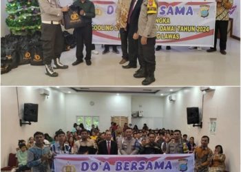 Pdt. Sumuhar Hutabarat STh MAg, Kanit Propam Polsek Barumun Aiptu Frengke E W Siregar, Bhabinkantibmas Polsek Barumun Bripka Toman Sihombing dan jemaat GPdl Sibuhuan usai doa bersama dan penyerahan bansos peduli banjir Kapolda Sumut. Minggu (24/11/2024)